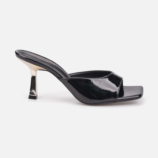 Tamanco Feminino Preto Verniz Molhado Salto Baixo Dourado Metalizado Bico Quadrado