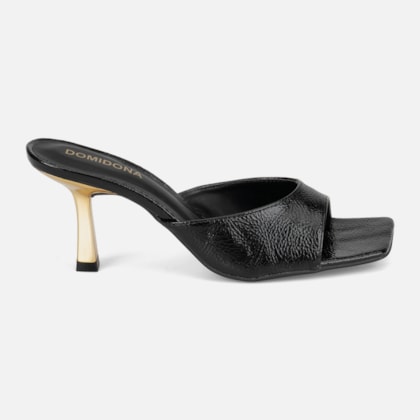 Tamanco Feminino Preto Verniz Molhado Salto Baixo Dourado Metalizado Bico Quadrado