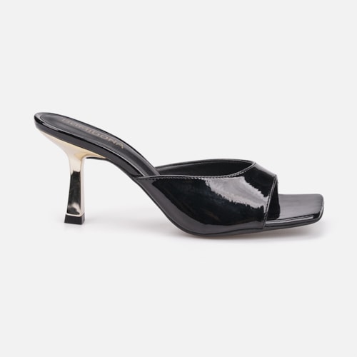 Tamanco Feminino Preto Verniz Molhado Salto Baixo Dourado Metalizado Bico Quadrado