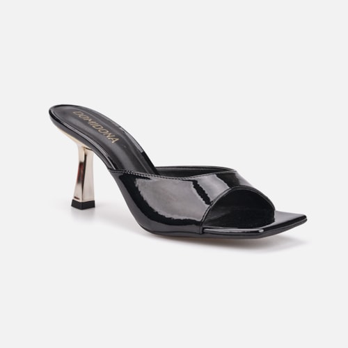 Tamanco Feminino Preto Verniz Molhado Salto Baixo Dourado Metalizado Bico Quadrado