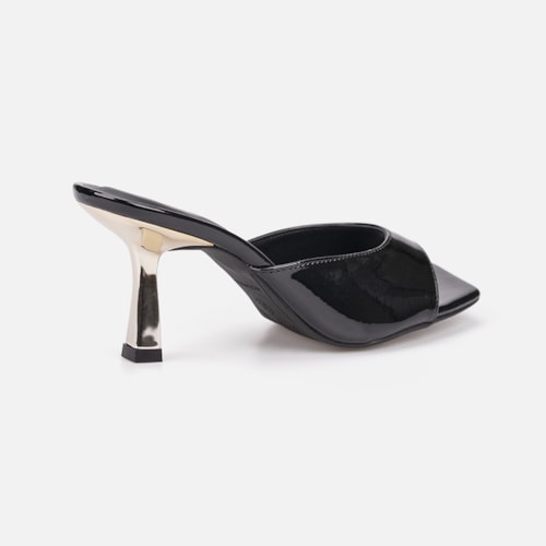 Tamanco Feminino Preto Verniz Molhado Salto Baixo Dourado Metalizado Bico Quadrado