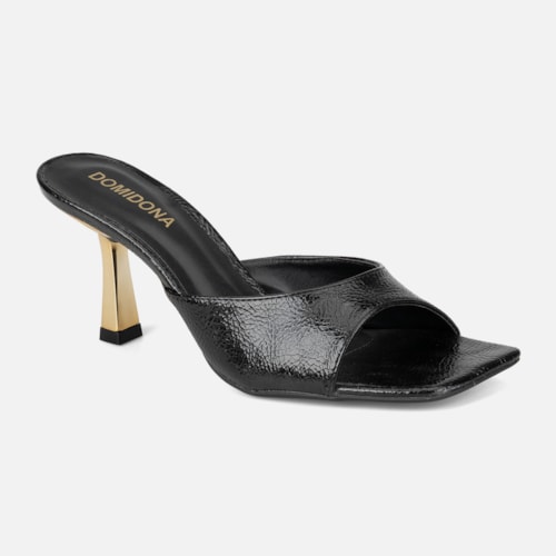 Tamanco Feminino Preto Verniz Molhado Salto Baixo Dourado Metalizado Bico Quadrado - foto3 de 10