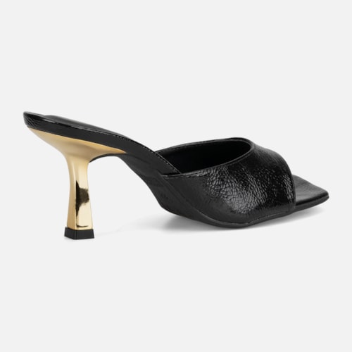 Tamanco Feminino Preto Verniz Molhado Salto Baixo Dourado Metalizado Bico Quadrado - foto4 de 10
