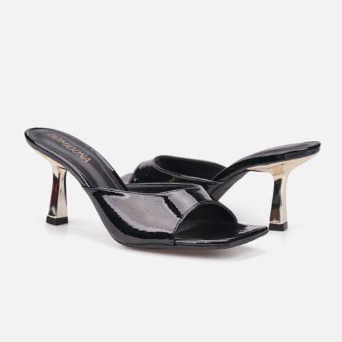 Tamanco Feminino Preto Verniz Molhado Salto Baixo Dourado Metalizado Bico Quadrado
