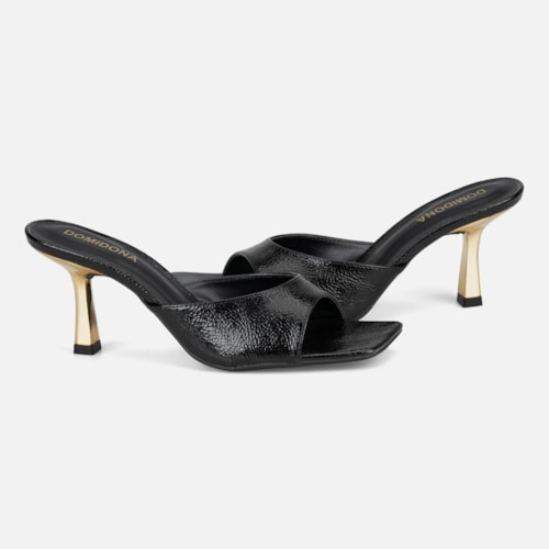 Tamanco Feminino Preto Verniz Molhado Salto Baixo Dourado Metalizado Bico Quadrado - foto5 de 10