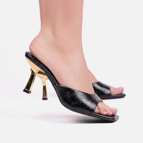 Tamanco Feminino Preto Verniz Molhado Salto Baixo Dourado Metalizado Bico Quadrado - foto9 de 10