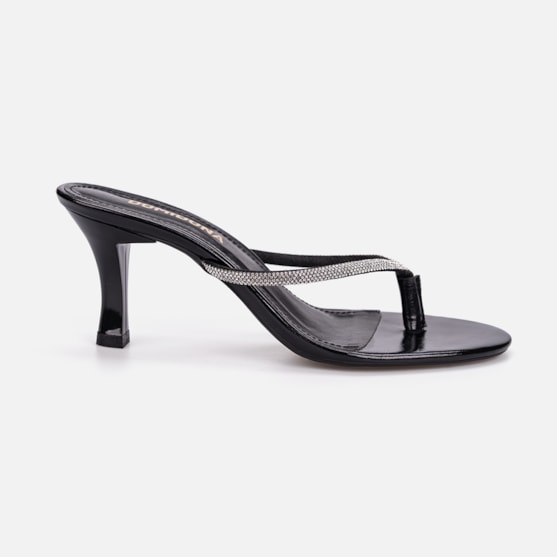 Tamanco Preto de Dedo Domidona Tiras Finas de Strass Salto Médio Fino