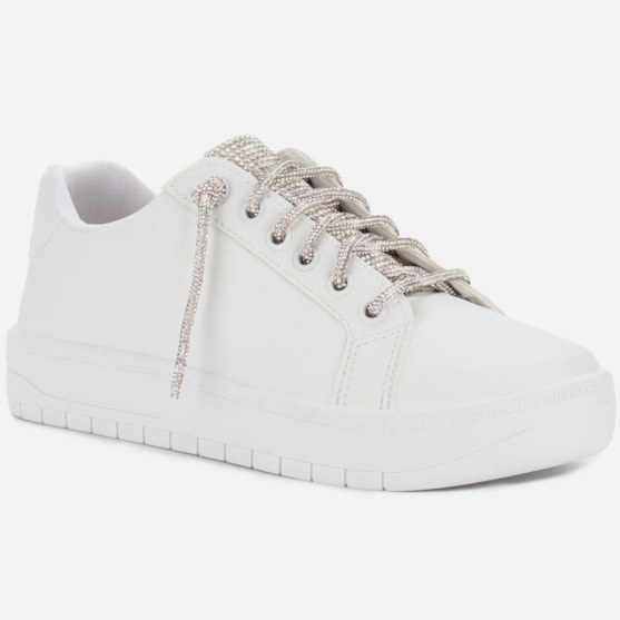 Segunda imagem do produto Tênis Feminino Casual Flatform Lapela E Cadarço Com Strass Branco
