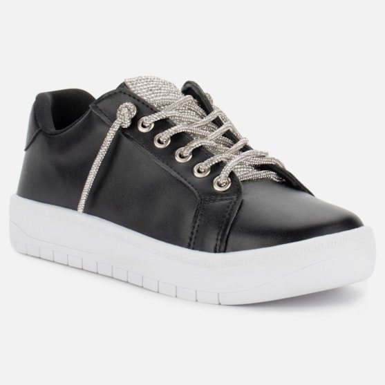Segunda imagem do produto Tênis Feminino Casual Flatform Lapela E Cadarço Com Strass Preto