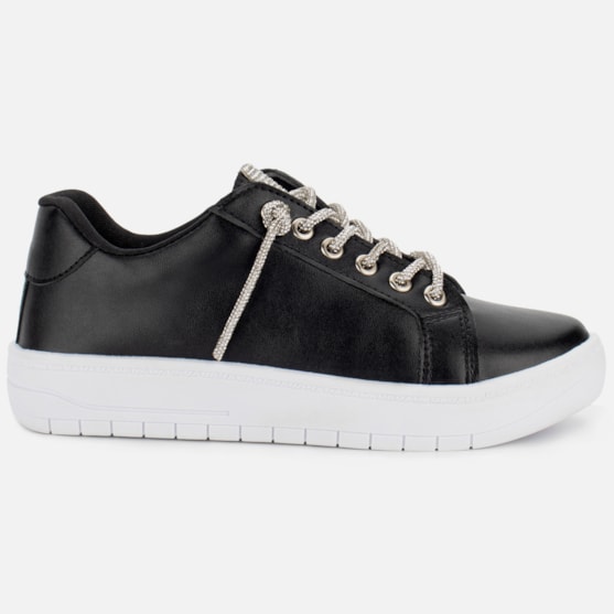 Tênis Feminino Casual Flatform Lapela E Cadarço Com Strass Preto