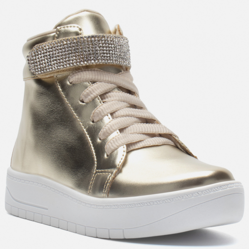 Tênis Feminino Infantil Cano Alto Conforto Casual Tira Strass Dourado
