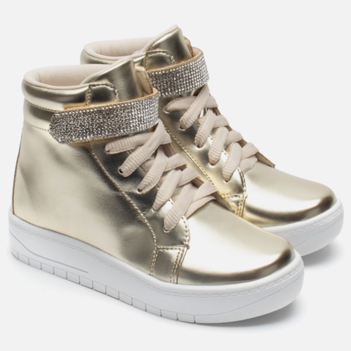 Tênis Feminino Infantil Cano Alto Conforto Casual Tira Strass Dourado