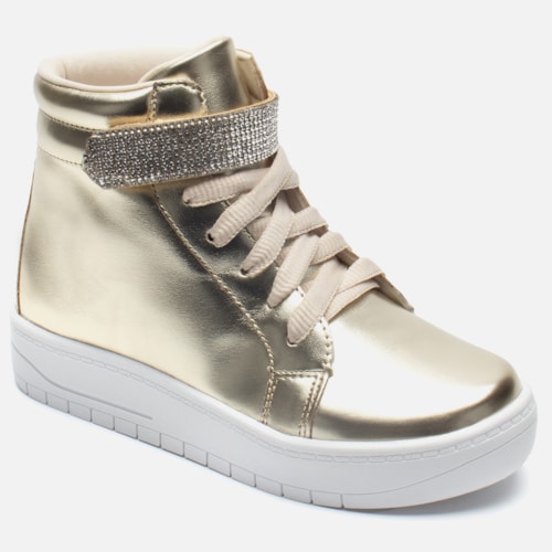Tênis Feminino Infantil Cano Alto Conforto Casual Tira Strass Dourado