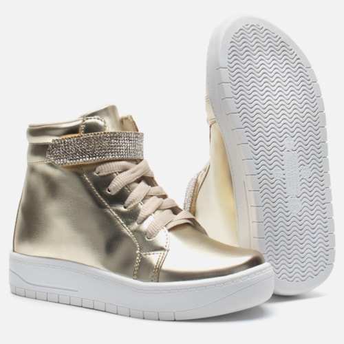 Tênis Feminino Infantil Cano Alto Conforto Casual Tira Strass Dourado