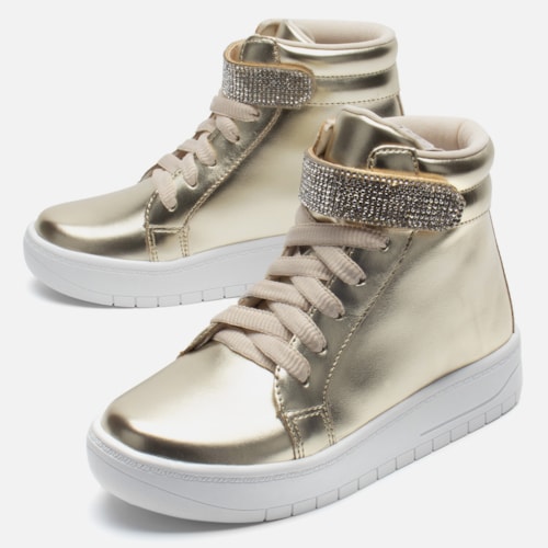 Tênis Feminino Infantil Cano Alto Conforto Casual Tira Strass Dourado