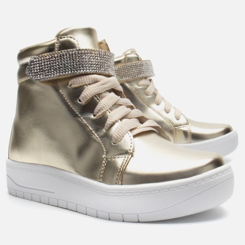 Tênis Feminino Infantil Cano Alto Conforto Casual Tira Strass Dourado