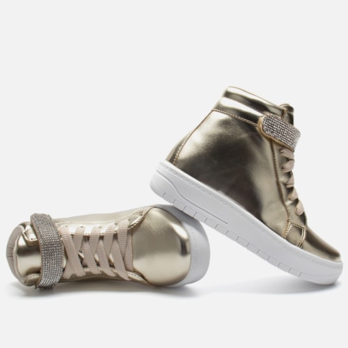Tênis Feminino Infantil Cano Alto Conforto Casual Tira Strass Dourado