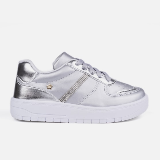 Tênis Feminino Infantil Tira De Strass Brilho Cano Baixo Casual Prata