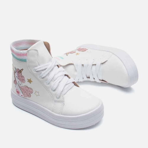 Tênis Menina Fashion Unicórnio Casual Infantil Botinha Branco