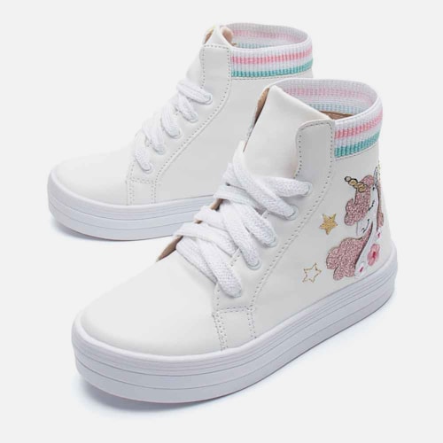 Tênis Menina Fashion Unicórnio Casual Infantil Botinha Branco