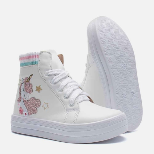 Tênis Menina Fashion Unicórnio Casual Infantil Botinha Branco