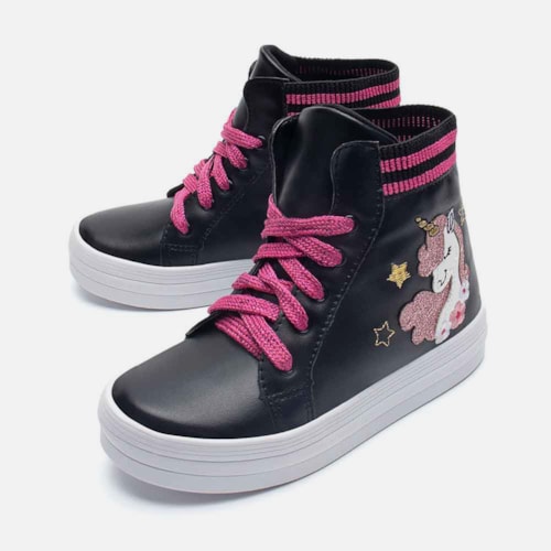 Tênis Menina Fashion Unicórnio Casual Infantil Botinha Preto