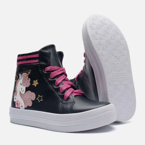 Tênis Menina Fashion Unicórnio Casual Infantil Botinha Preto