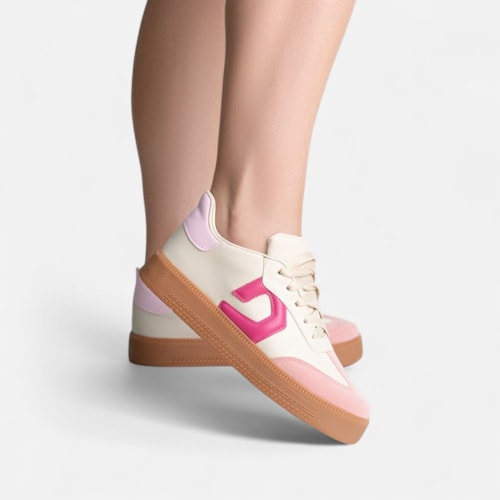 Tênis Off White Feminino Street Urbano Cano Baixo Sola Alta Detalhes Rosa