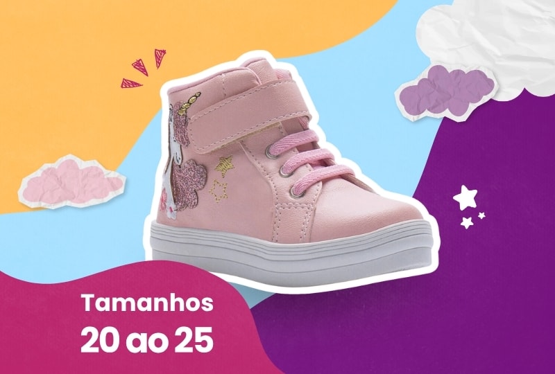 Banner de calçados infantis femininos tamanhos 20 ao 25 para bebês. Imagem com fundo colorido e um tênis botinha rosa com estampa de unicórnio