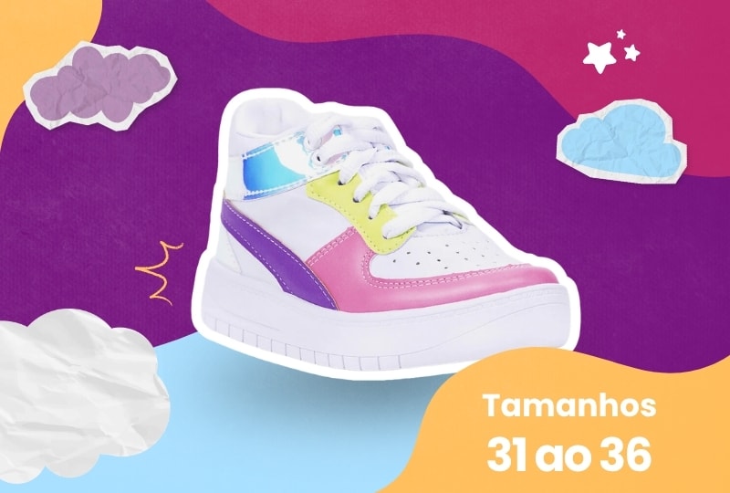 Banner de tênis juvenil feminino tamanhos 31 ao 36. Imagem destaca um tênis casual infantil colorido nas cores rosa, roxo e amarelo