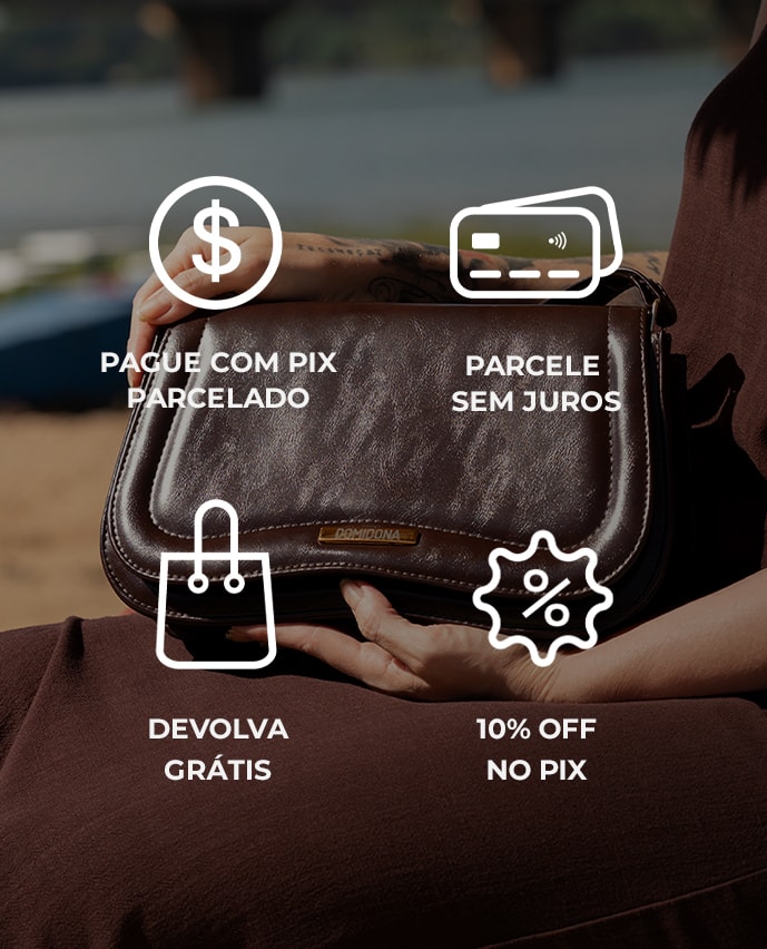 Banner de benefícios da domidona:pagamento com pix parcelado, parcelamento sem juros, devolução grátis, 10% de desconto no pix