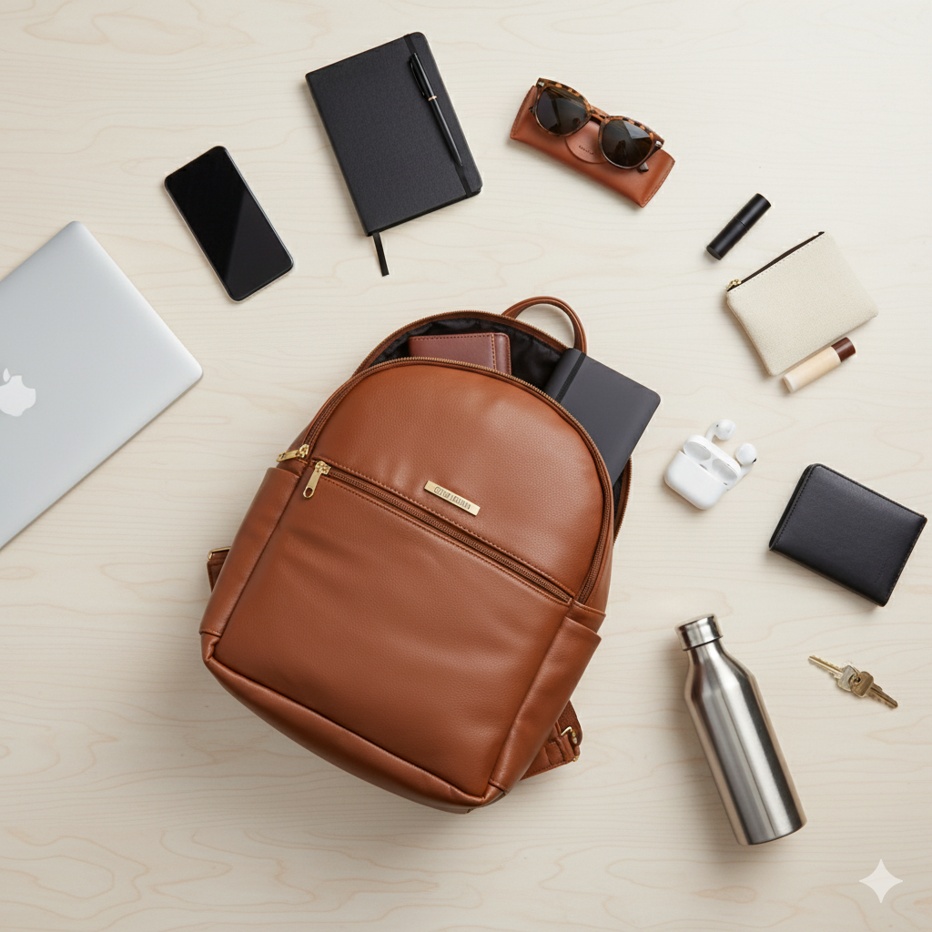 Mochila Domidona Caramelo Na Mesa Com Acessorios de Mulher