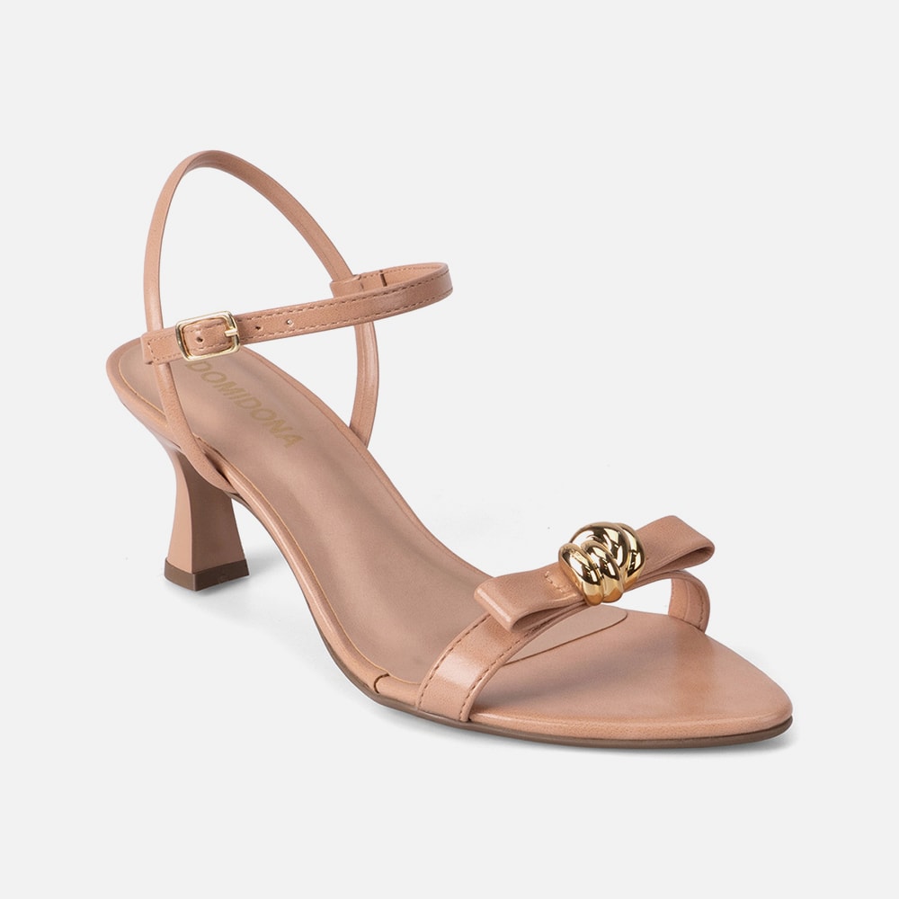 Sandália Feminina Bico Folha Salto Taça Natural Nude com Enfeite Metálico Dourado Domidona