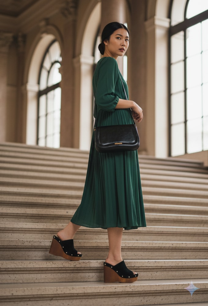 Mulher elegante subindo escadaria com vestido verde midi, bolsa tiracolo preta domidona e sandalia anabela feminino de salto madeira, estilo sofisticado e moderno