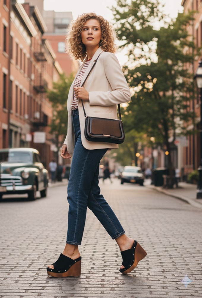 Mulher caminhando em rua urbana usando bolsa tiracolo domidona e tamanco anabela feminino com salto madeira, estilo casual e sofisticado