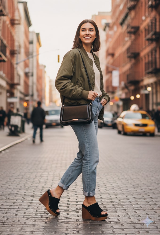 Mulher caminhando em rua urbana usando bolsa tiracolo domidona e tamanco anabela feminino com salto madeira, look moderno e confortável