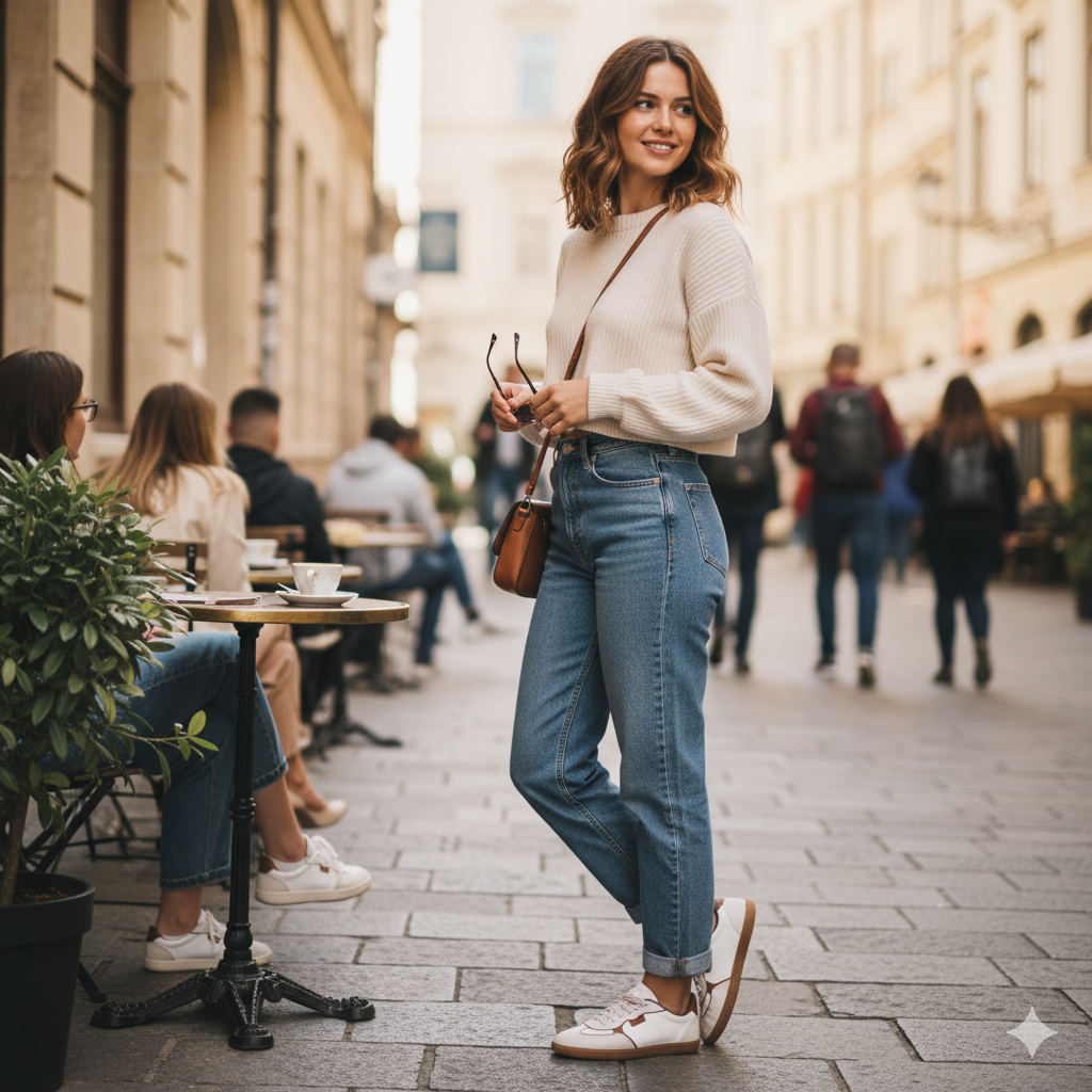 Modelo usando o Tênis Feminino Retrô Off White com look casual chic na cafeteria