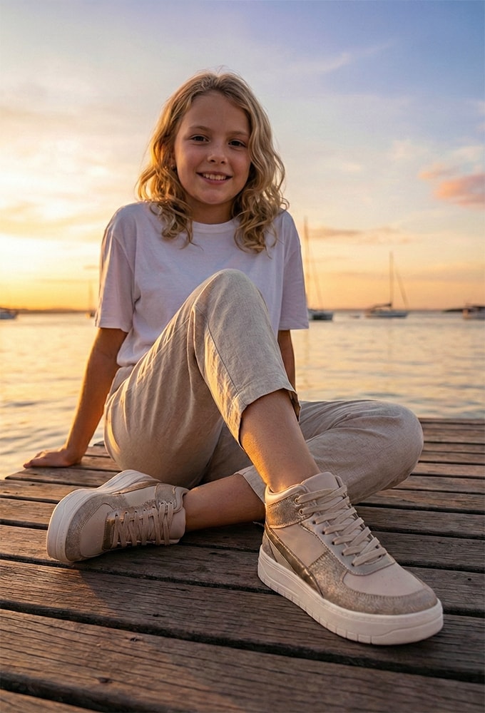 Detalhe do solado antiderrapante e acabamento do tênis Menina Fashion