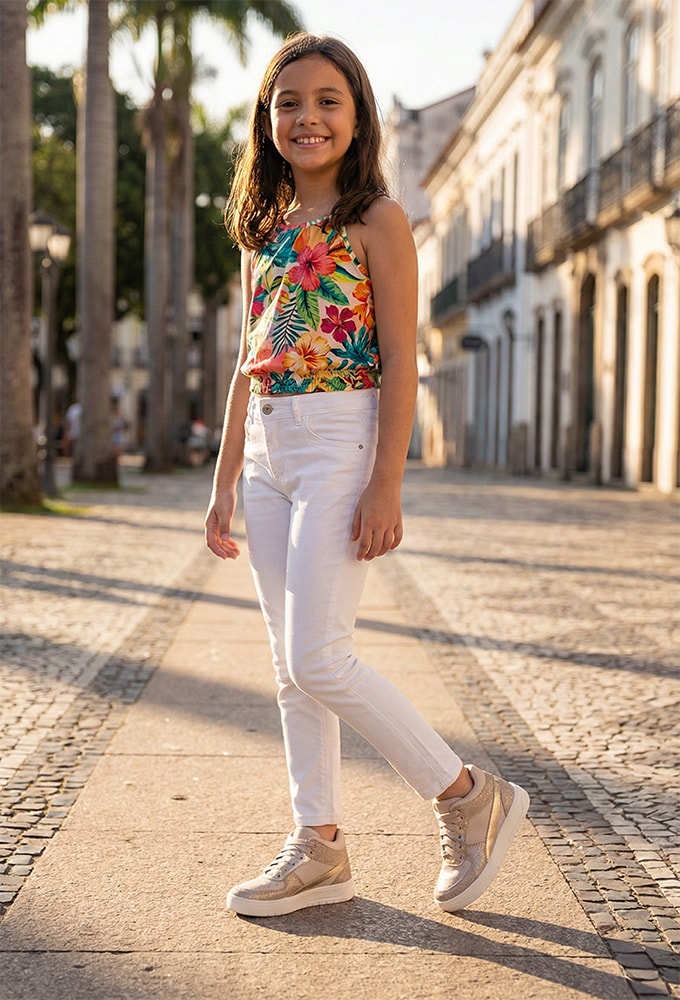 Menina usando Tênis Infantil Feminino Preto Menina Fashion com look streetwear