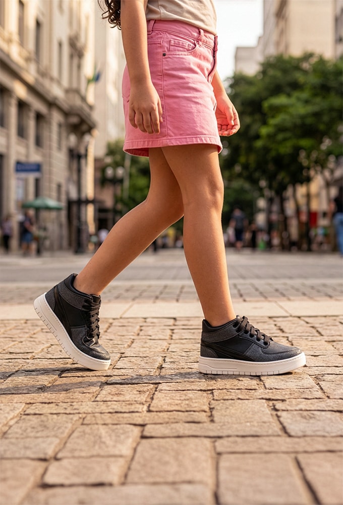 Menina usando Tênis Infantil Feminino Preto Menina Fashion com look streetwear