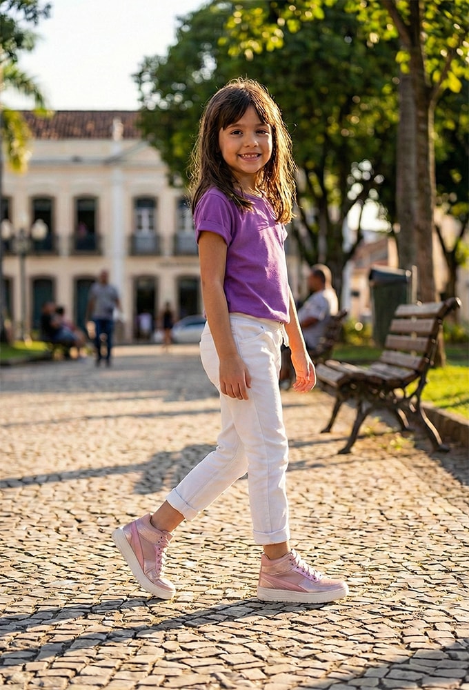 Menina usando Tênis Infantil Feminino Rosa Menina Fashion com look urbano de inverno