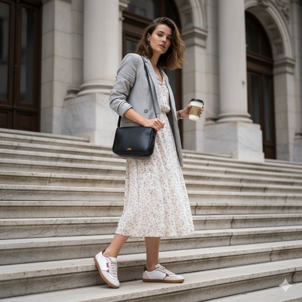 Mulher usando Tênis Feminino Retrô Off White Domidona nos pés